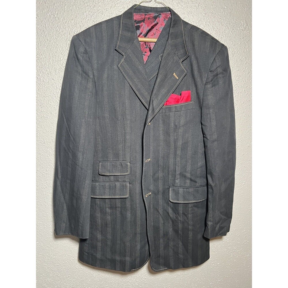 Falcon Men's 2 Piece Jacket And Vest Black And Red Size 38R Styled In Italy